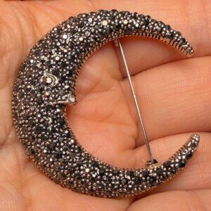 Crescent Moon Brooch Black Silver Rhinestone Celestial Pin – 2”